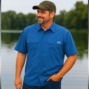 Under Armour Men’s XL HeatGear Blue Fishing Shirt Loose Fit Short Sleeve
